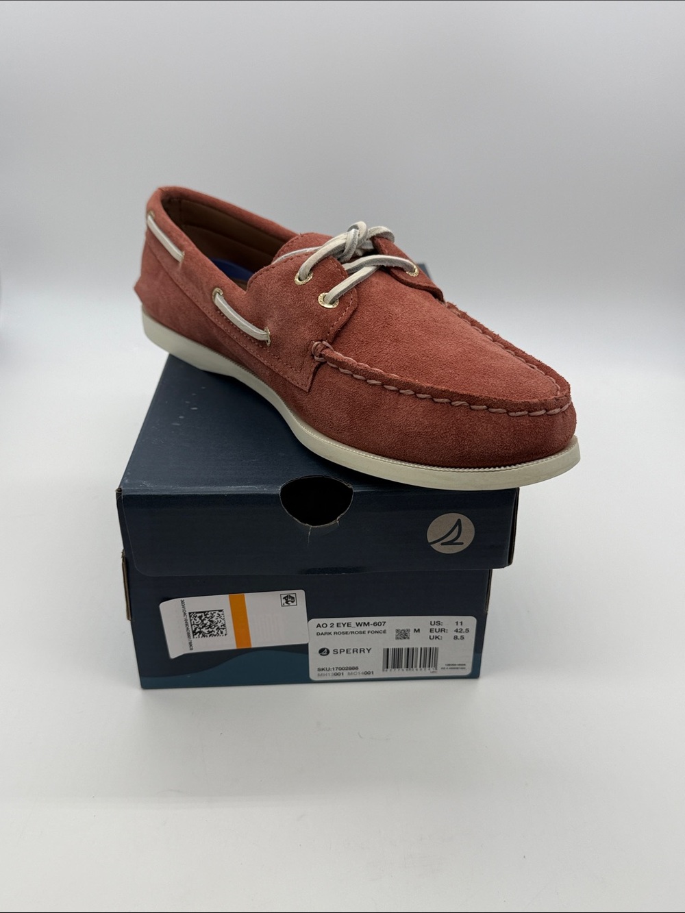 Sperry Women’s 2-Eye Suede Boat Shoe in Rust with White Laces